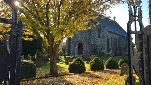 Colmonell church and graveyard in autumn sunshine