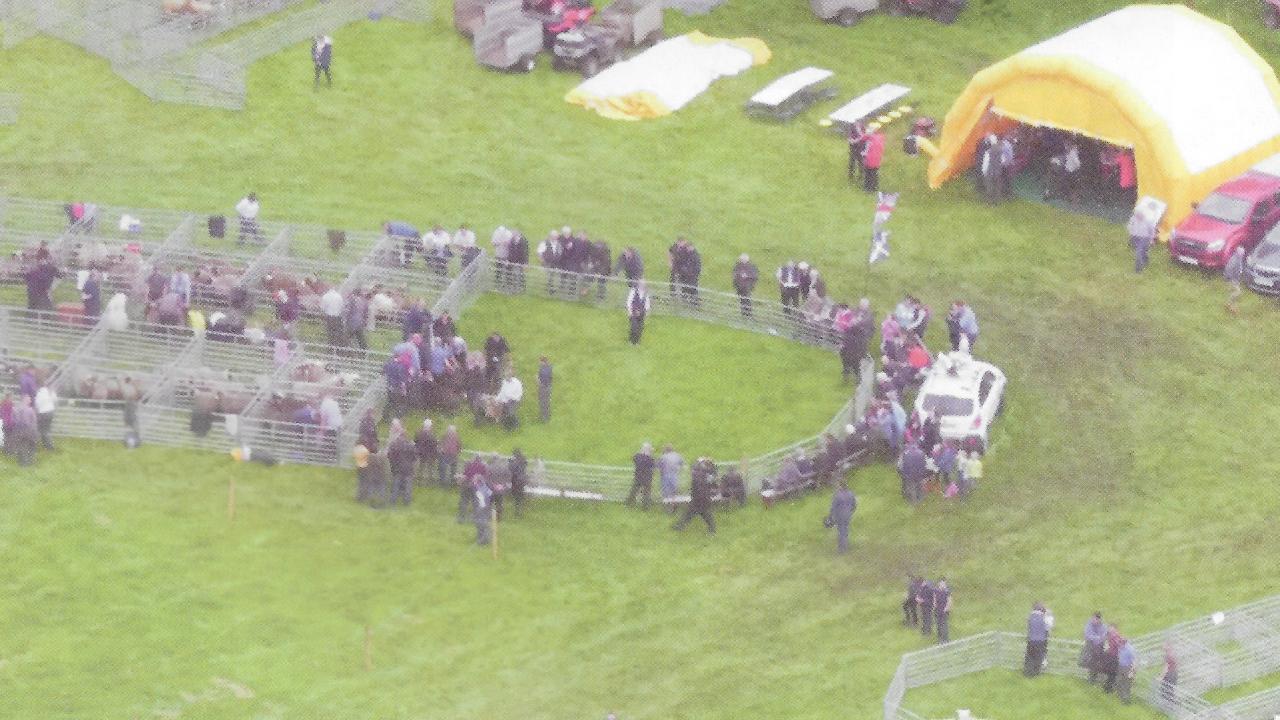 Overhead photo of pens and tents and animals at the Colmonell Show