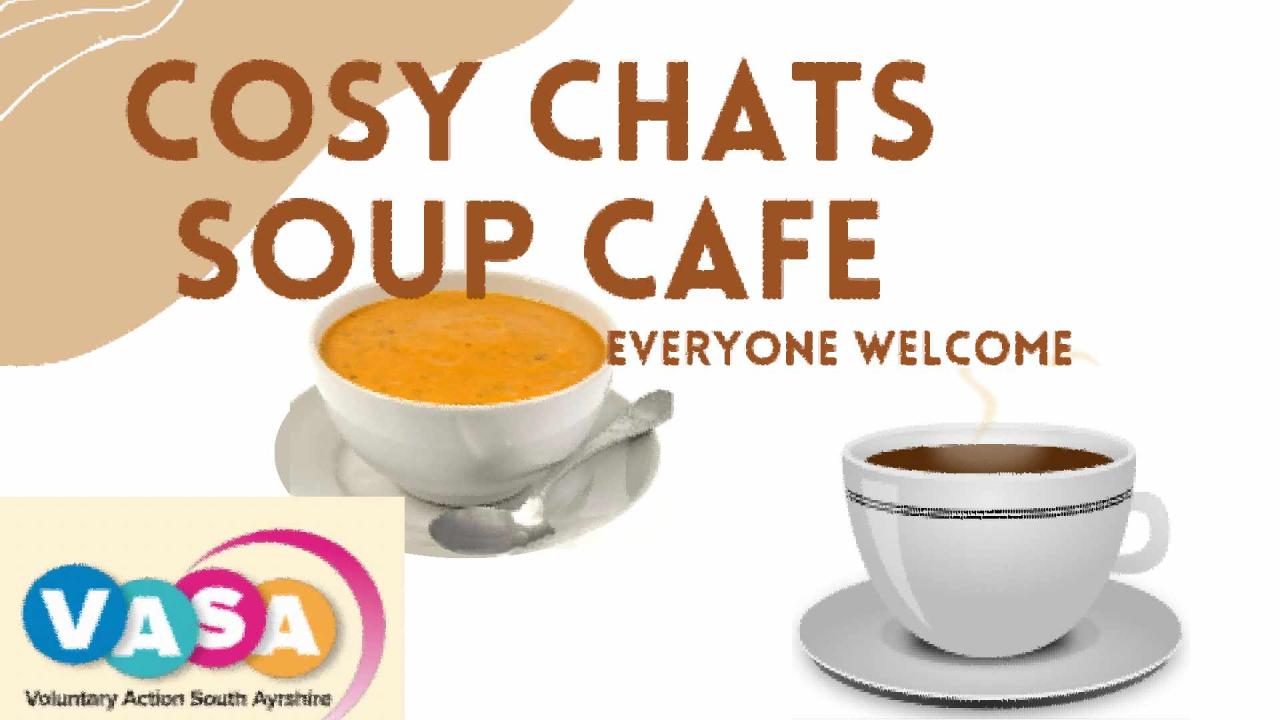 Cosy Chats with pictures of a bowl of soup and cup of coffee