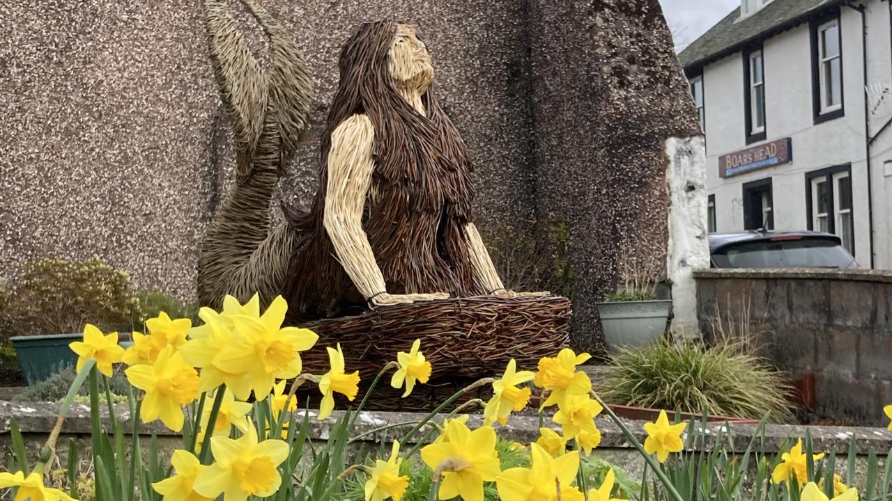 Woven willow mermaid statue with daffodils in bloom